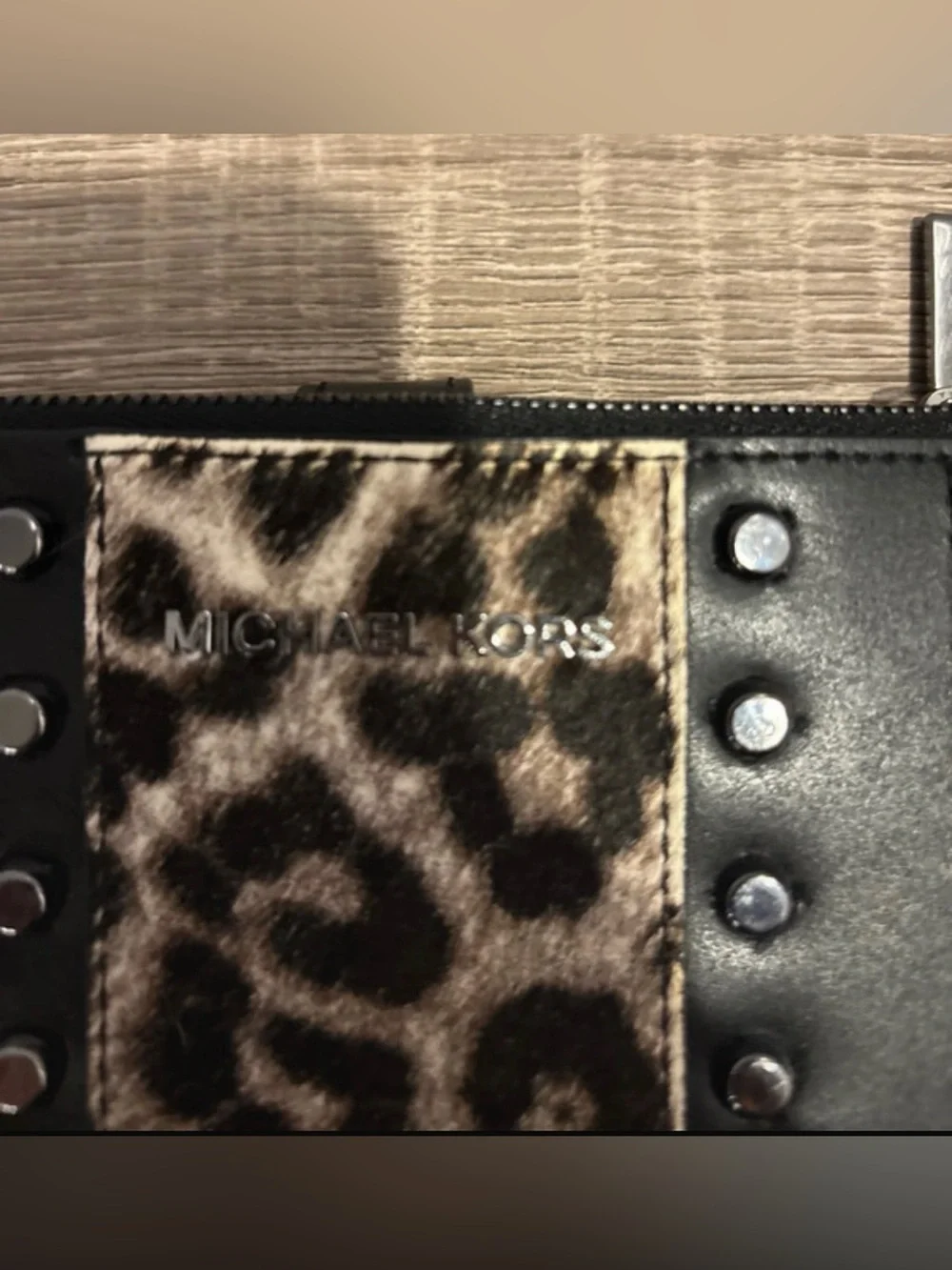 Michael Kors Black Wallet Wristlet with Leopard Accent